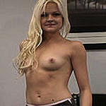 Blonde babe strips down and starts sucking