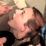 Brunette girl sucks a team of cocks